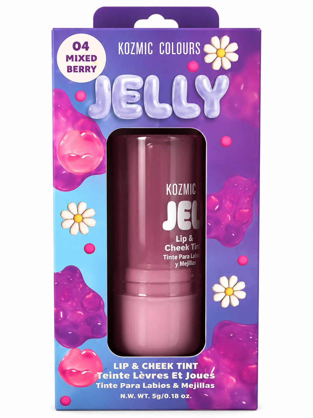 Kozmic Colours Jelly Lip & Cheek Tint tono 04 Mixed Berry - Caja morada con tinte rosa berry