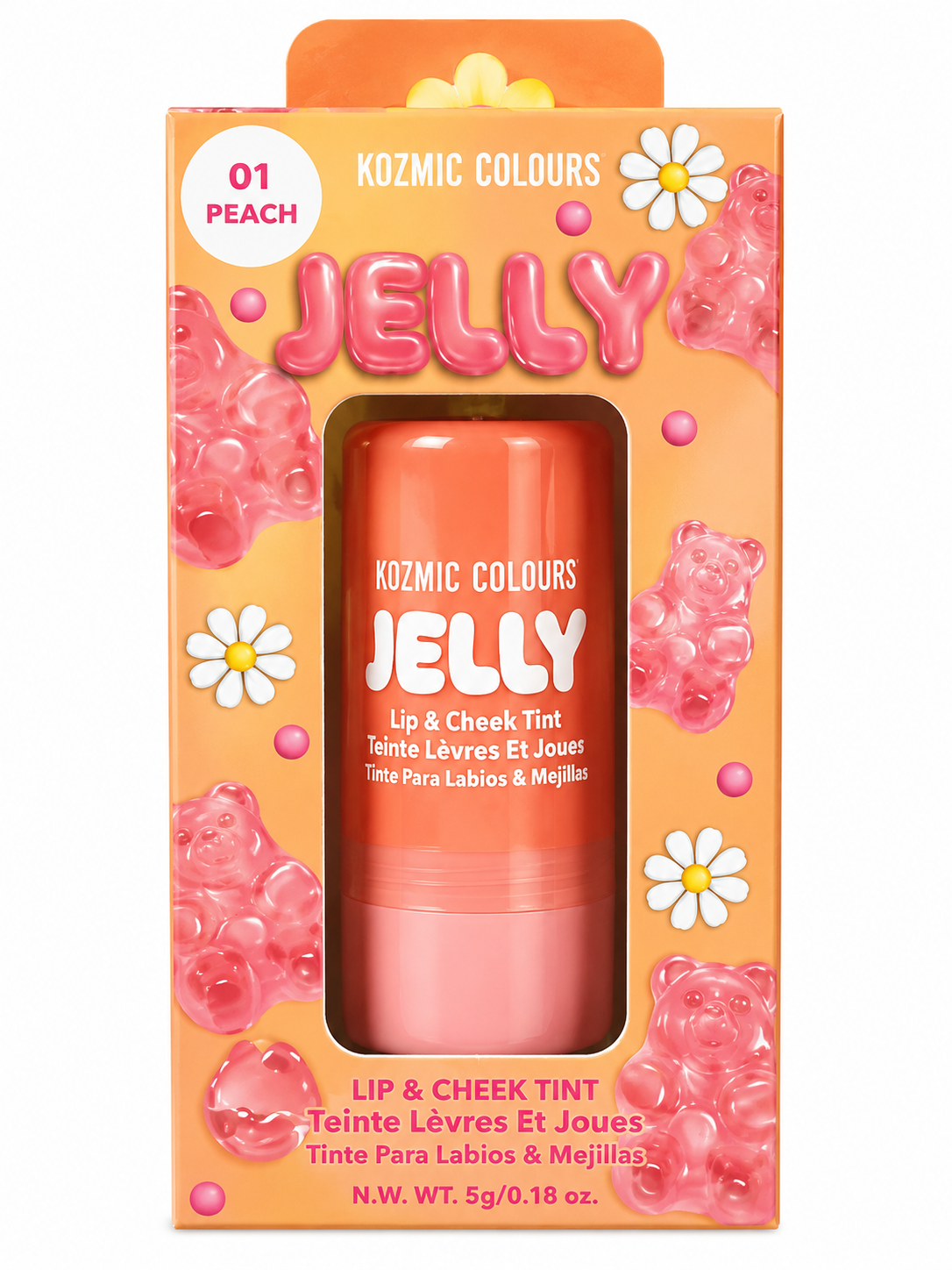 Kozmic Colours Jelly Lip & Cheek Tint tono 01 Peach - Caja naranja melocotón con tinte coral