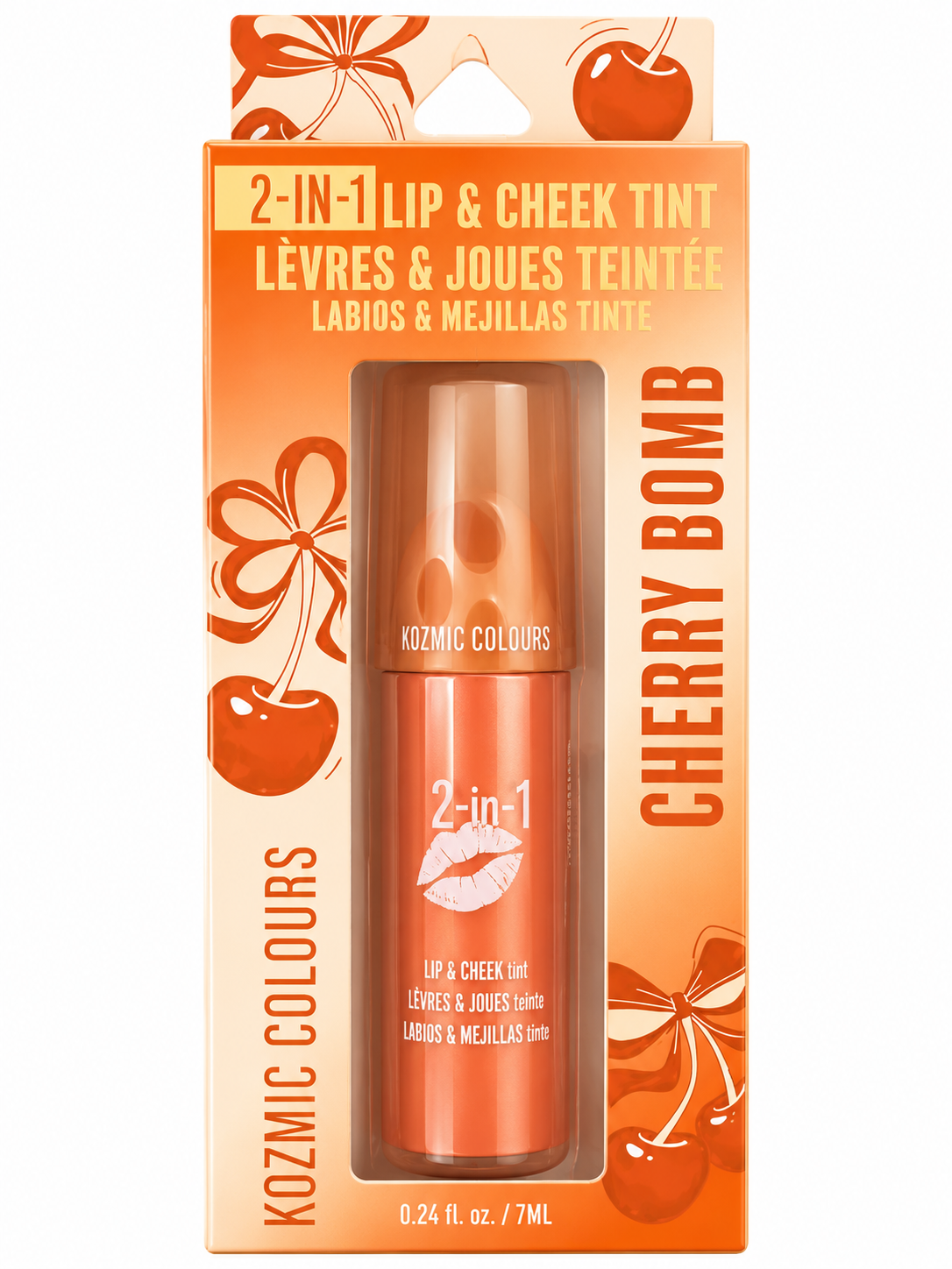 Kozmic Colours 2-in-1 Lip & Cheek Tint Cherry Bomb naranja coral 7ml - Frasco naranja con tapa transparente en caja naranja
