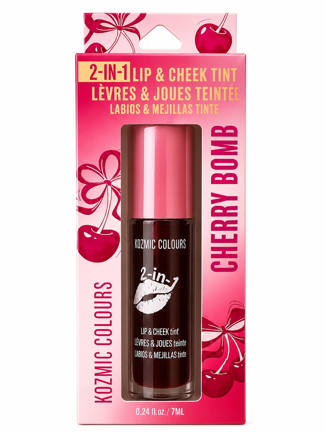Kozmic Colours 2-in-1 Lip & Cheek Tint Cherry Bomb 7ml - Frasco oscuro con tapa rosa en caja fucsia