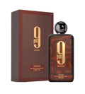 Afnan 9 PM Elixir Parfum Intense 100ml - Frasco marrón con diseño geométrico dorado y caja marrón a rayas