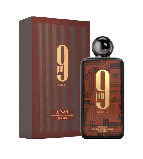 Afnan 9 PM Elixir Parfum Intense 100ml - Frasco marrón con diseño geométrico dorado y caja marrón a rayas