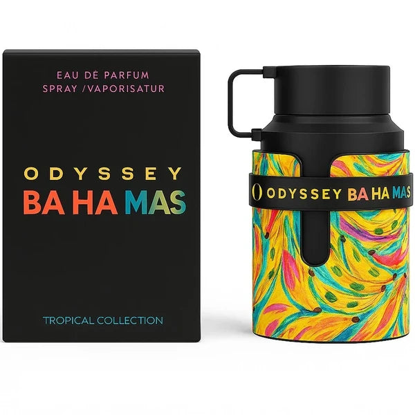 Armaf Odyssey Bahamas Eau de Parfum 100ml - Frasco artístico tropical amarillo con plátanos y caja negra